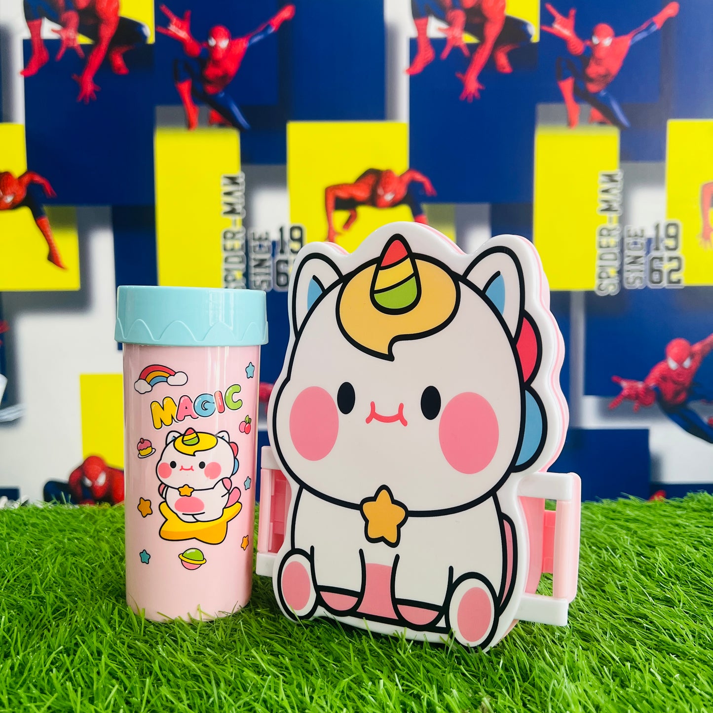 Unicorn Plastic Lunch Box & Glass Set