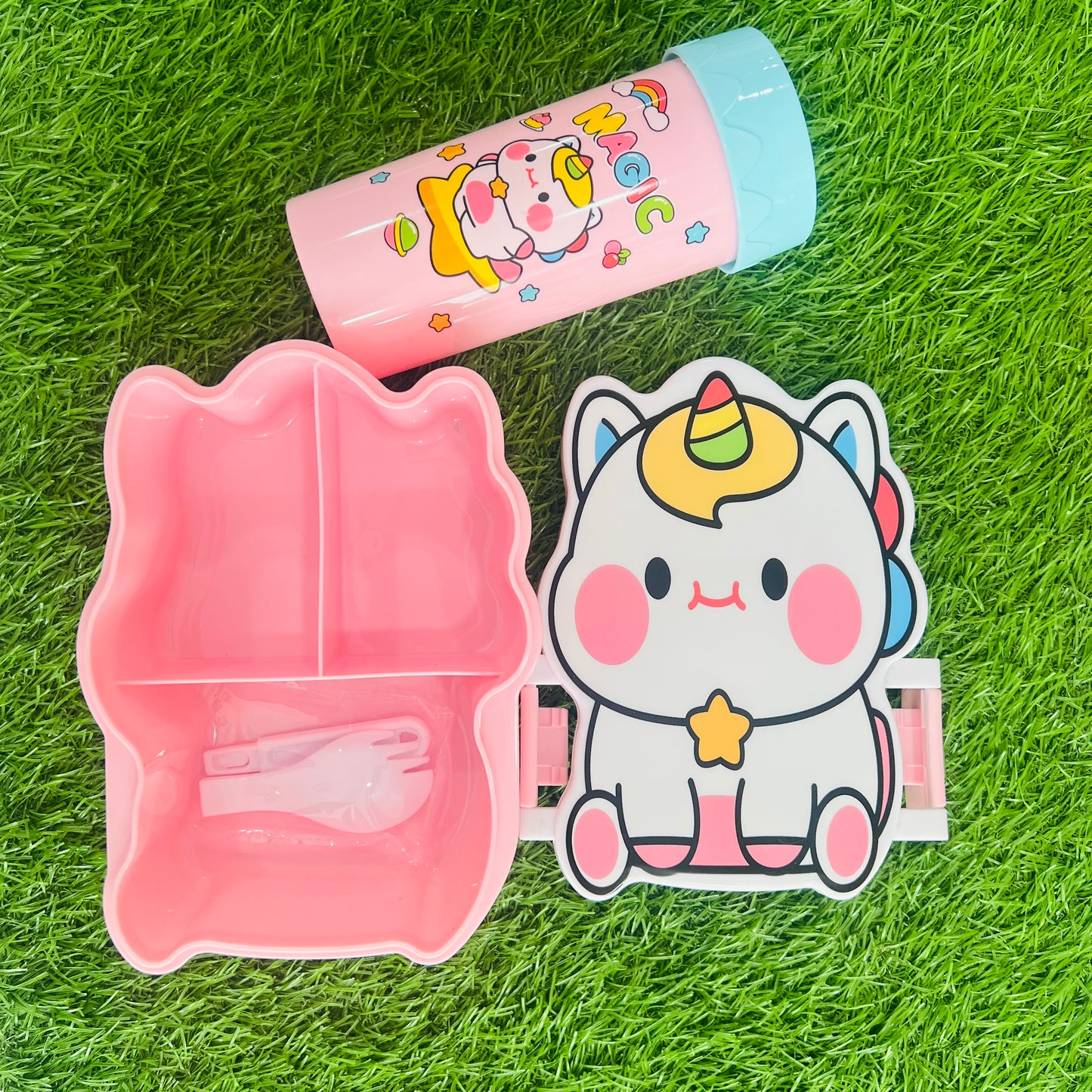 Unicorn Plastic Lunch Box & Glass Set