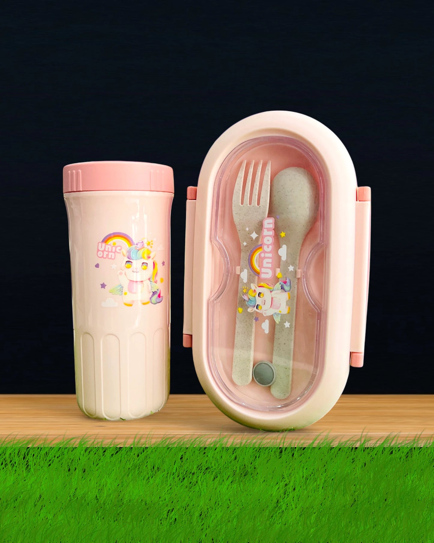 Unicorn Plastic Lunch Box & Glass Set Pink