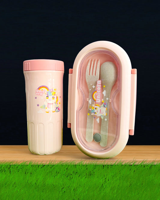 Unicorn Plastic Lunch Box & Glass Set Pink